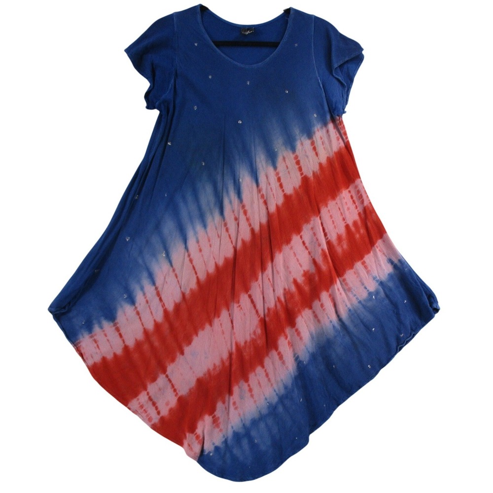 Ace Fashion Women 3X Tie Dye Sharkbite Tunic Top Patriotic Red White Blue Rayon